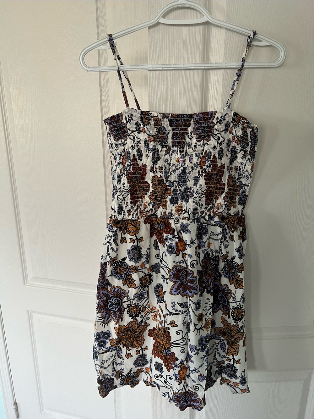 Papermoon White Floral Smocked Mini Dress with Brown and Navy Accents